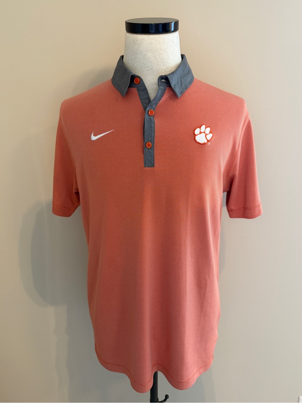 Nike Dri-Fit Polo with Clemson Tiger Paw in Orange with Grey/Blue Collar